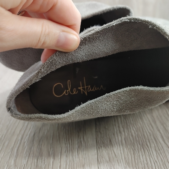 Cole Haan Josephine Suede Ankle Bootie Ironstone Taupe Gray Wooden Heel 9.5 - Picture 9 of 11
